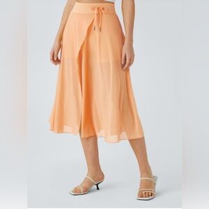 High Waisted Drawstring Contrast Mesh 2-in-1 Pocket Flowy Midi Flare Casual